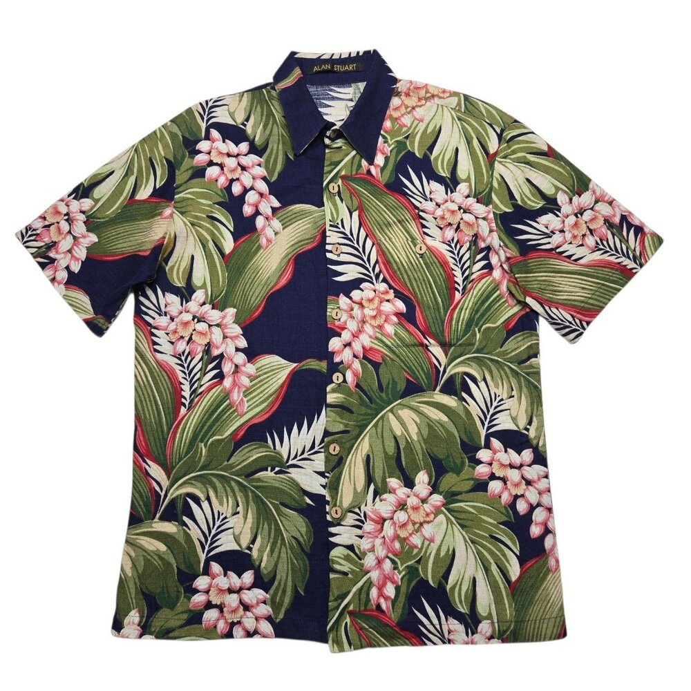 Vintage Alan Stuart Hawaiian Shirt Mens Medium Green Floral Button Up‎ USA Aloha